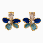 Shooka Dual-Tone Blue Enamel Flower Earrings with Pear-Cut Crystal