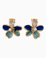 Shooka Dual-Tone Blue Enamel Flower Earrings with Pear-Cut Crystal