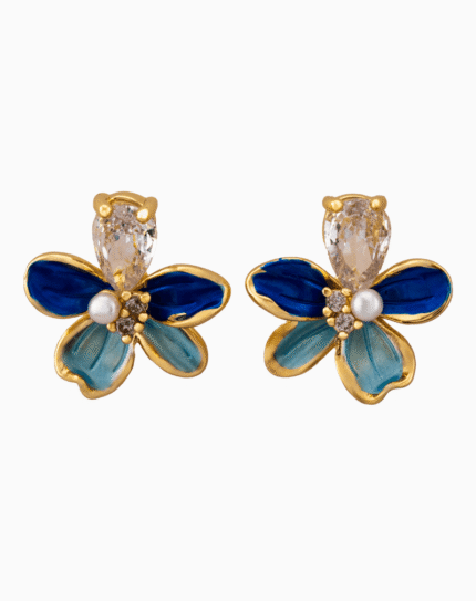 Shooka Dual-Tone Blue Enamel Flower Earrings with Pear-Cut Crystal