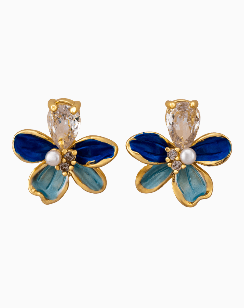 EAWGOCXX04000006 Shooka Dual-Tone Blue Enamel Flower Earrings with Pear-Cut Crystal