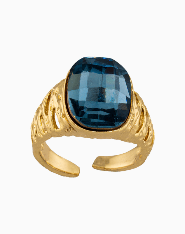 Shoucka Women’s Open Gold Plated Ring with Oval Blue Crystal – Trendy Elegant Style