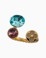 Shoucka Women’s Open Gold Ring with Crystal Flower & Colored Stones – Artistic Modern Statement