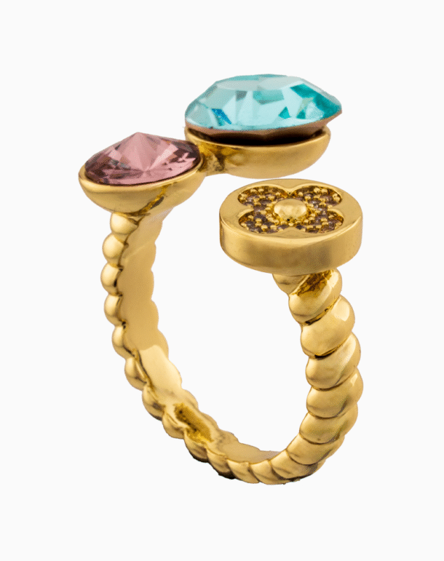 Shoucka Women’s Open Gold Ring with Crystal Flower & Colored Stones – Artistic Modern Statement