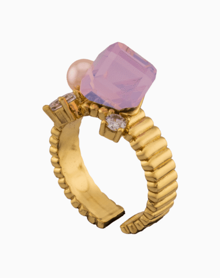 Shoucka Women’s Open Gold Ring with Pink Square Stone & Pearl – Artistic Fantasy Design