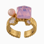 Shoucka Women’s Open Gold Ring with Pink Square Stone & Pearl – Artistic Fantasy Design