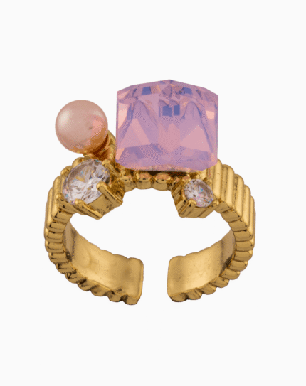 Shoucka Women’s Open Gold Ring with Pink Square Stone & Pearl – Artistic Fantasy Design