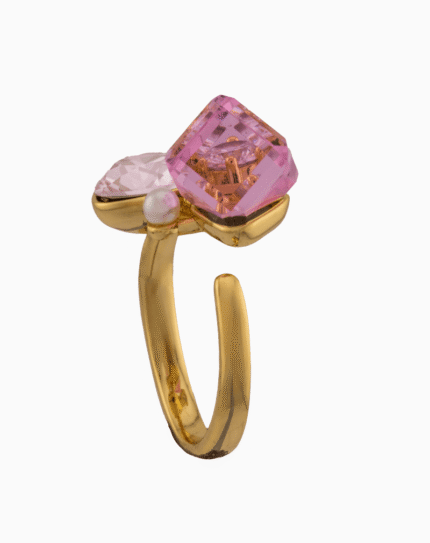 Shoucka Women’s Open Gold Ring with Pink Crystals & Pearl – Modern Artistic Design