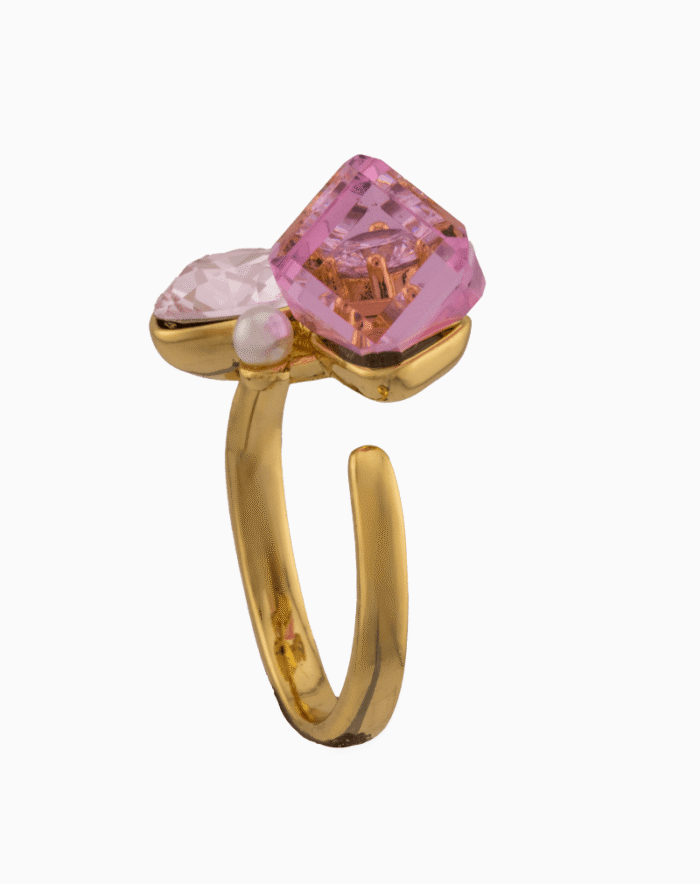 Shoucka Women’s Open Gold Ring with Pink Crystals & Pearl – Modern Artistic Design