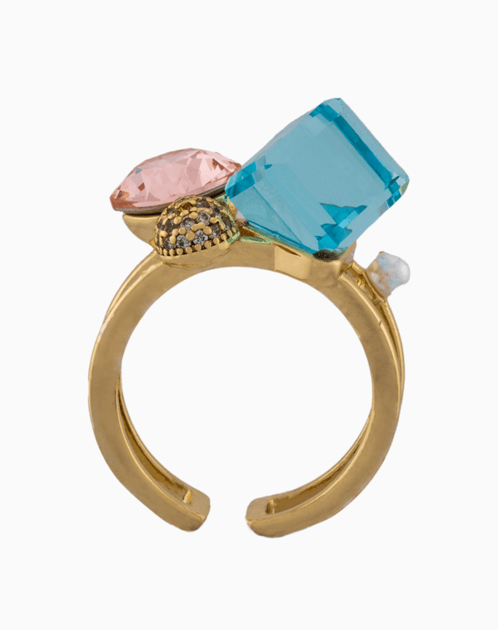 Shoucka Women’s Gold Plated Ring with Pink & Blue Crystals – Modern & Fantasy Style