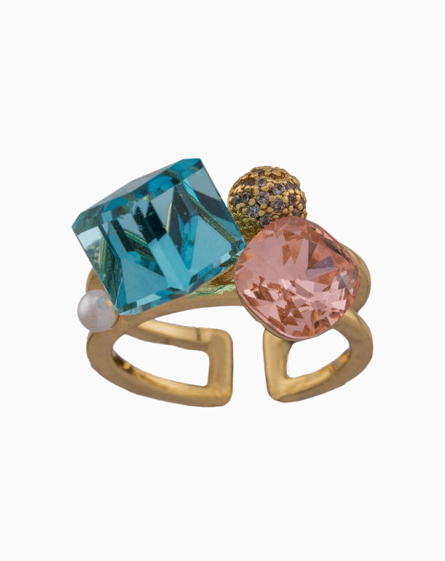 Shoucka Women’s Gold Plated Ring with Pink & Blue Crystals – Modern & Fantasy Style