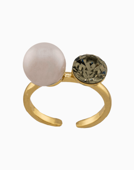 Women’s Gold Plated Pearl & Crystal Double-Stone Ring | shoucka