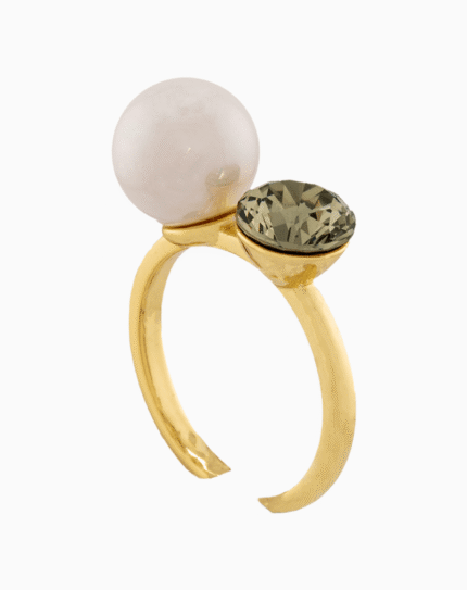 Women’s Gold Plated Pearl & Crystal Double-Stone Ring | shoucka