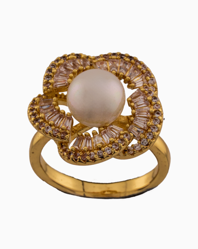Women’s Gold Plated Floral Ring with Pearl & Crystal Stones | shoucka