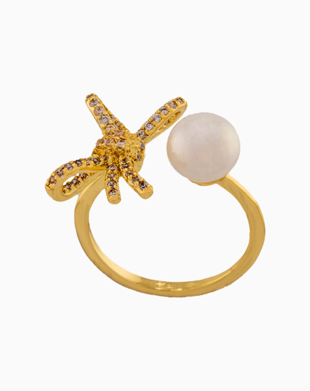 shoucka Libelle Gold-Plated Dragonfly & Pearl Open Ring