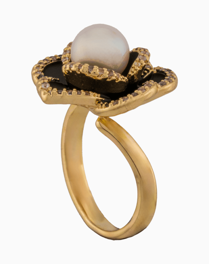shoucka Camélia Noire Black Flower & Pearl Statement Ring