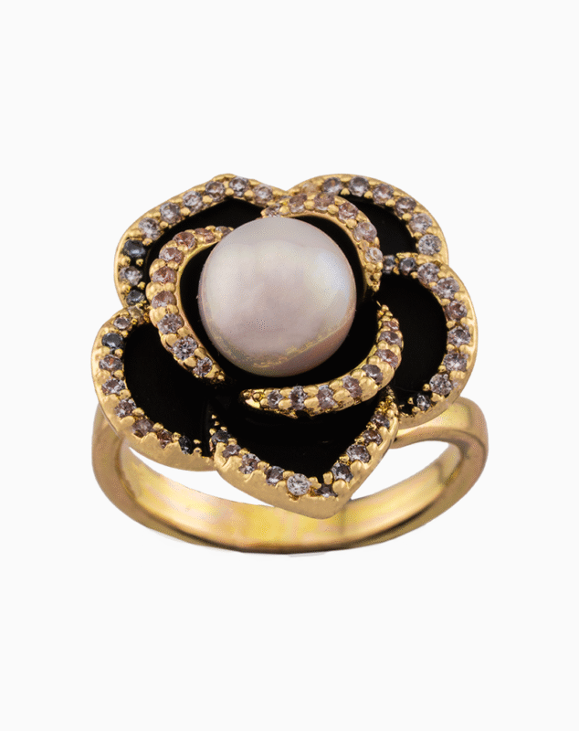 shoucka Camélia Noire Black Flower & Pearl Statement Ring