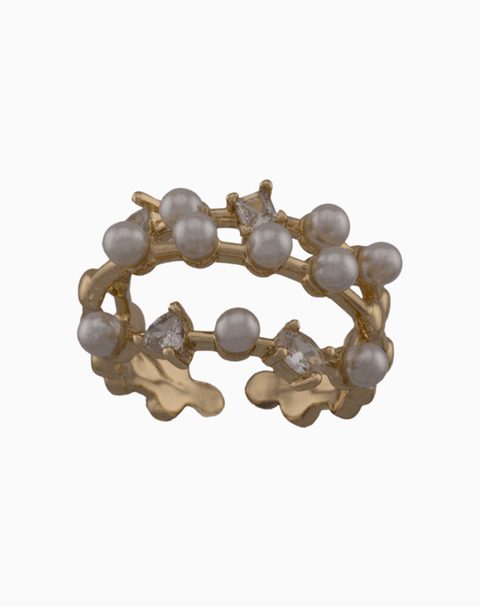 Women’s Double Row Gold Ring with Pearls and Crystals | shoucka