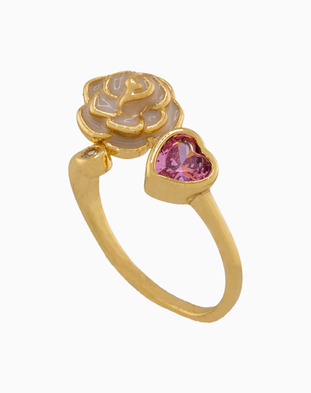 shoucka Rose & Pink Heart Open Ring | Gold-Plated Enamel Jewelry