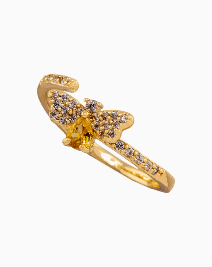 RIWGOCXX02000037-1 shoucka Dainty Honey Bee Ring | Gold with Yellow & White Crystals