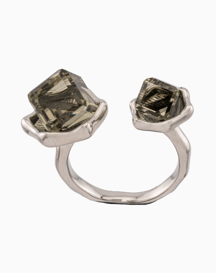 shoucka Women’s Open Silver Plated Ring with Smoky Crystal Cubes – Modern Minimalist Jewelry