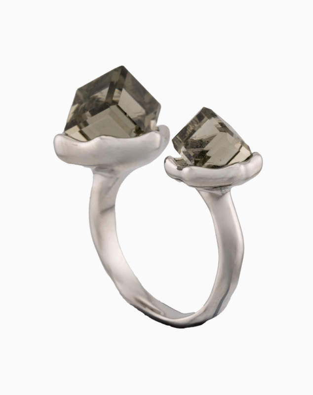 shoucka Women’s Open Silver Plated Ring with Smoky Crystal Cubes – Modern Minimalist Jewelry