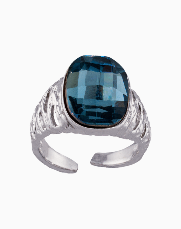 Shoucka Women’s Open Silver Plated Ring with Oval Blue Crystal – Modern and Unique