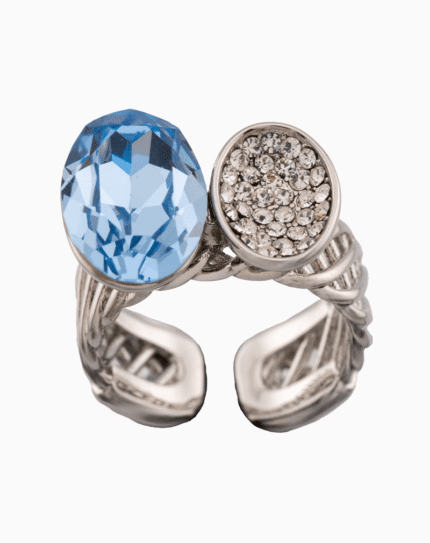 Shoucka Women’s Open Silver Ring with Blue & Clear Oval Crystals – Artistic Modern Design