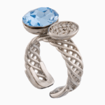 Shoucka Women’s Open Silver Ring with Blue & Clear Oval Crystals – Artistic Modern Design