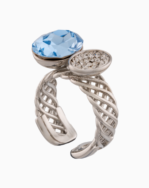 Shoucka Women’s Open Silver Ring with Blue & Clear Oval Crystals – Artistic Modern Design