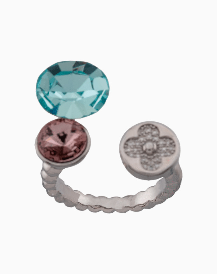 Shoucka Women’s Open Silver Ring with Crystal Flower & Colored Stones – Modern Artistic Statement