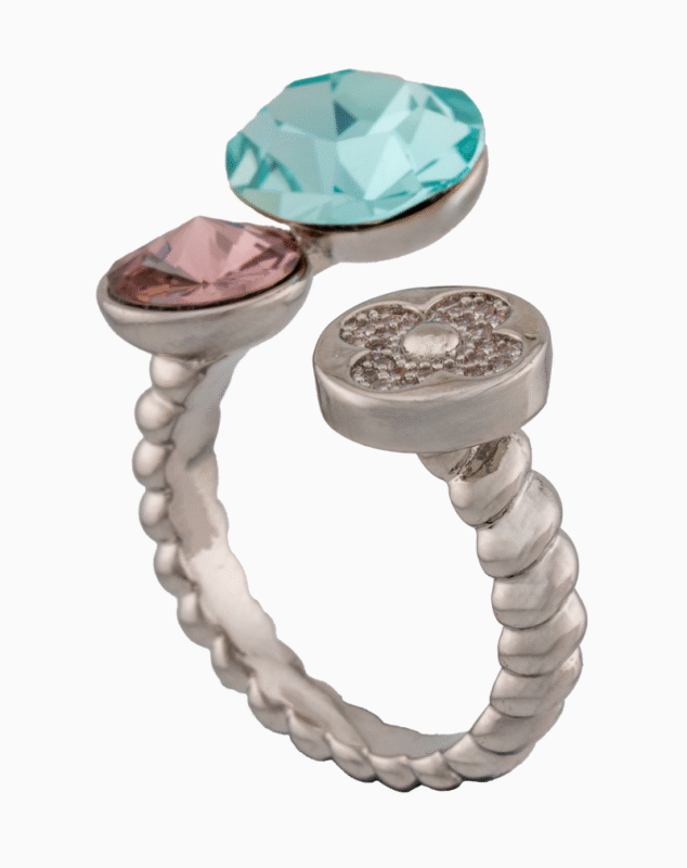 Shoucka Women’s Open Silver Ring with Crystal Flower & Colored Stones – Modern Artistic Statement