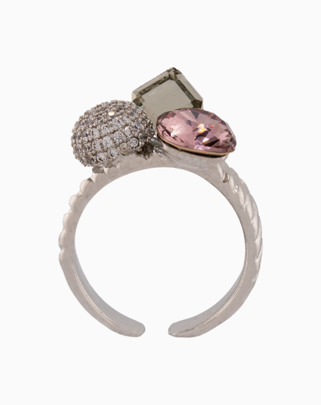 Shoucka Women’s Open Silver Ring with Three Geometric Stones – Modern Artistic Design