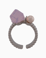 Shoucka Women’s Open Silver Ring with Pink Square Stone & Pearl – Modern Artistic Style
