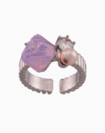Shoucka Women’s Open Silver Ring with Pink Square Stone & Pearl – Modern Artistic Style