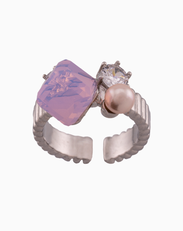 Shoucka Women’s Open Silver Ring with Pink Square Stone & Pearl – Modern Artistic Style