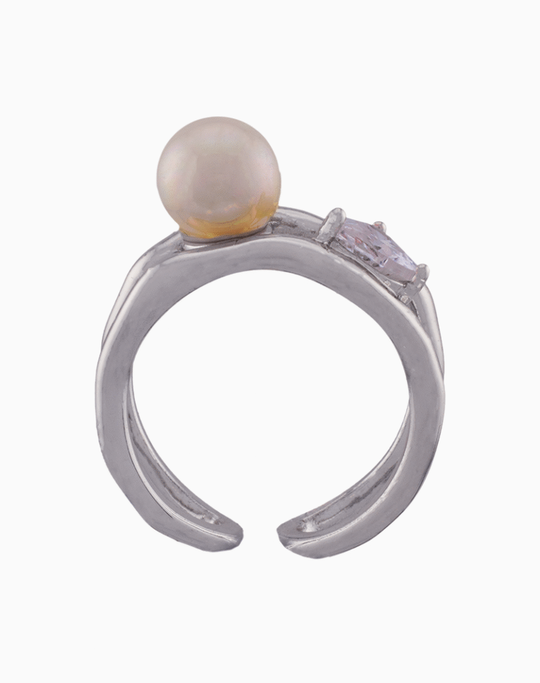 صفحه اصلی Women’s Silver Plated Open Ring with Faux Pearl & Heart-Shaped Crystal | shoucka