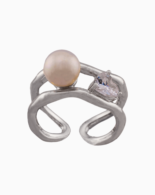 Women’s Silver Plated Open Ring with Faux Pearl & Heart-Shaped Crystal | shoucka