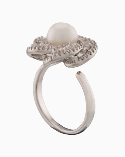 Women’s Silver Plated Floral Ring with Pearl & Crystal Stones | shoucka