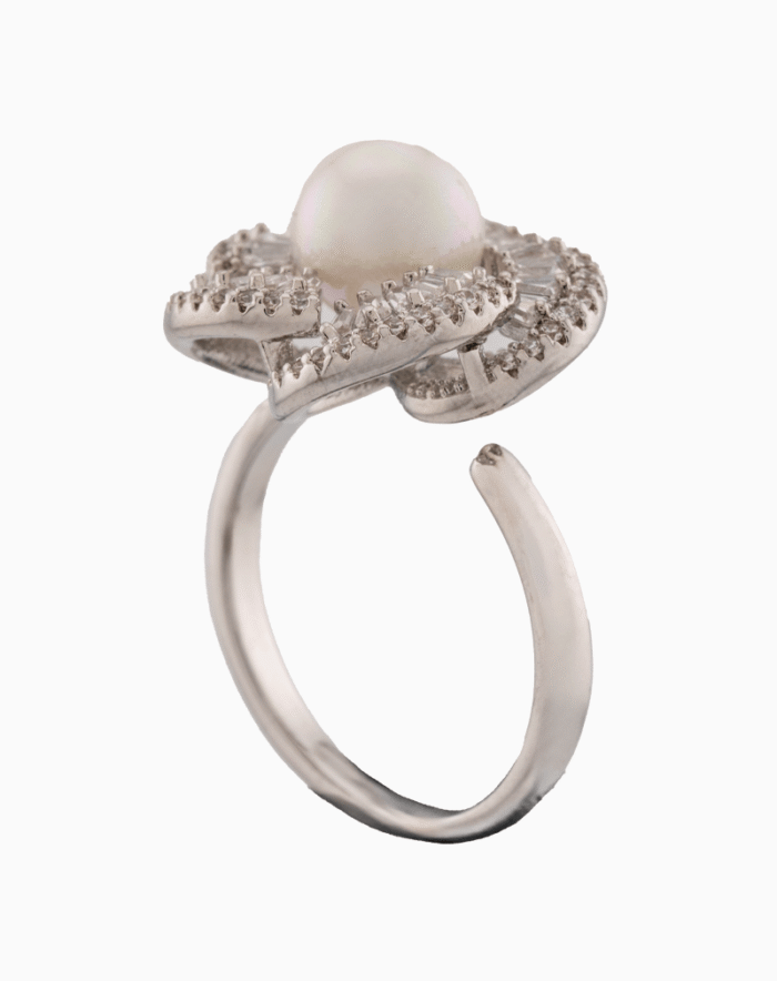 Women’s Silver Plated Floral Ring with Pearl & Crystal Stones | shoucka