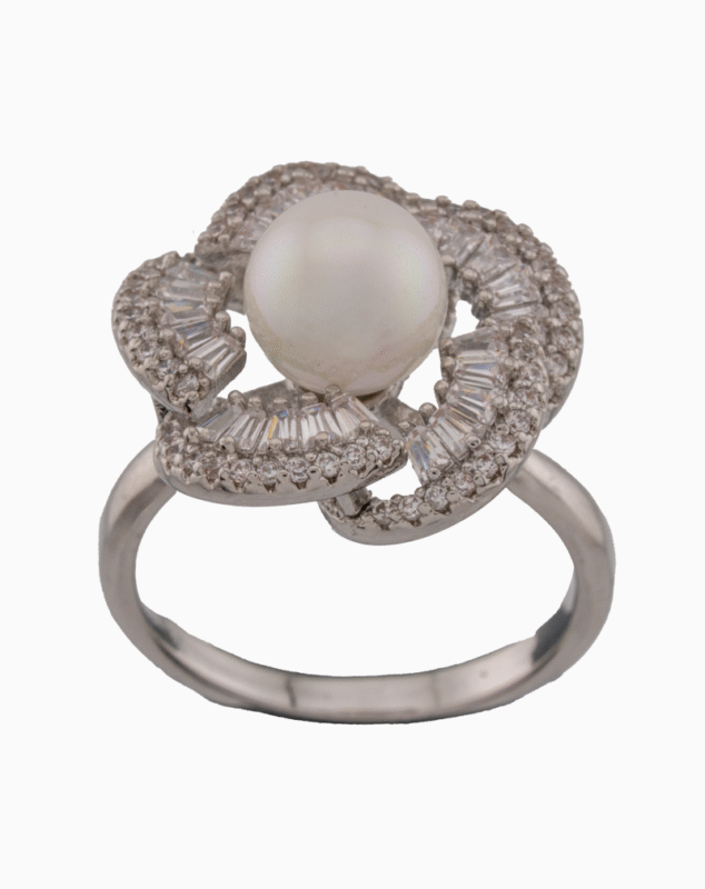 Women’s Silver Plated Floral Ring with Pearl & Crystal Stones | shoucka
