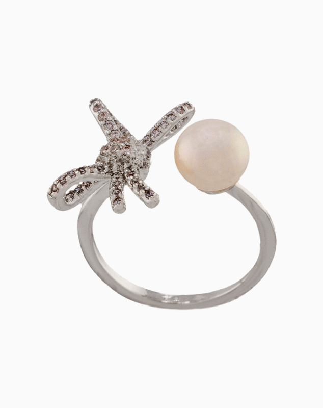 shoucka Libelle Rhodium-Plated Dragonfly & Pearl Open Ring