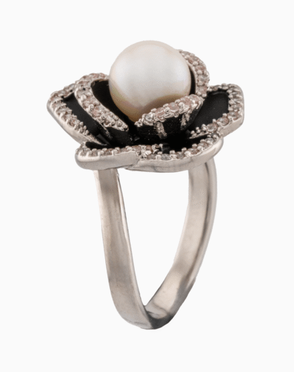 shoucka Camélia Noire Silver Black Flower & Pearl Statement Ring