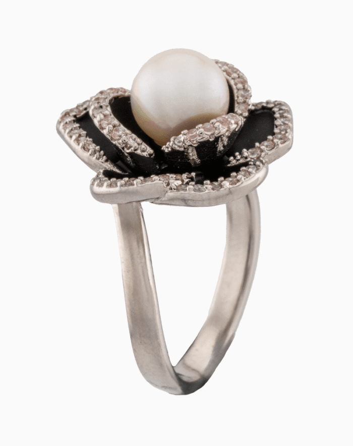 shoucka Camélia Noire Silver Black Flower & Pearl Statement Ring