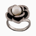 shoucka Camélia Noire Silver Black Flower & Pearl Statement Ring