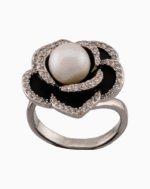shoucka Camélia Noire Silver Black Flower & Pearl Statement Ring