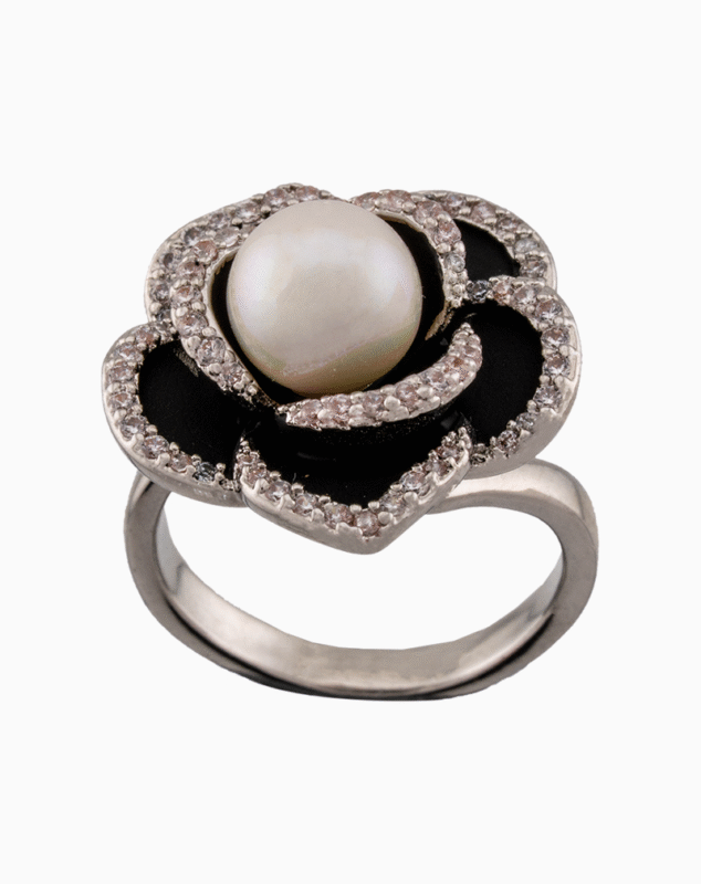 shoucka Camélia Noire Silver Black Flower & Pearl Statement Ring