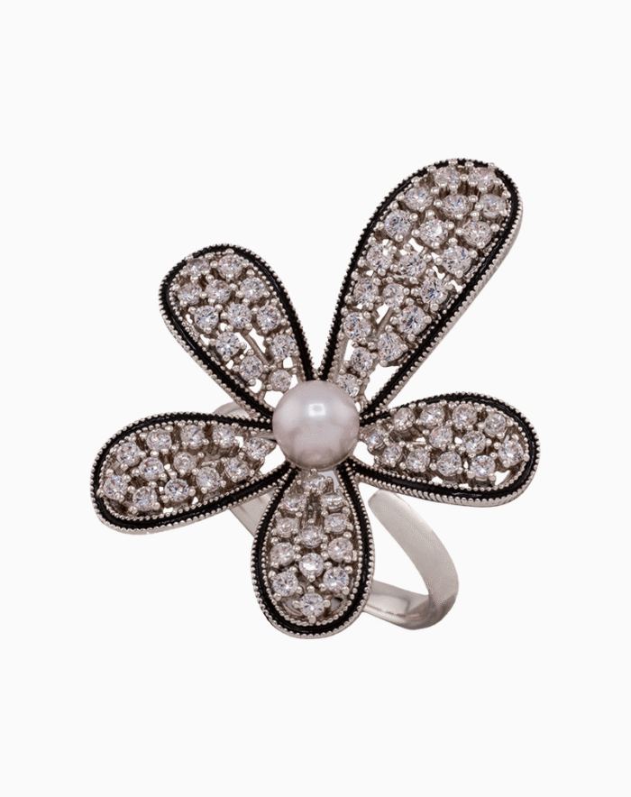 shoucka Coco Blossom Statement Flower Ring | Silver & Pearl