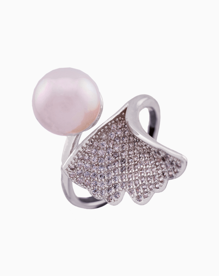 RIWSVCXX02000026-1 shoucka Pearly Ginkgo Leaf Ring | Silver-Plated & Adjustable