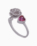 shoucka Rose & Pink Heart Open Ring | Rhodium-Plated Enamel Jewelry