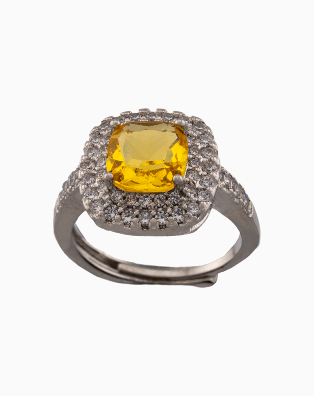 shoucka Yellow Cushion Cut Double Halo Ring | Silver-Tone Adjustable